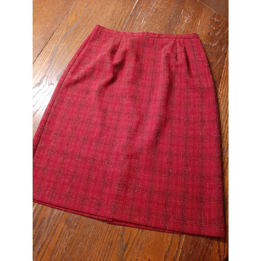 Size 12P Southern Lady Petite Vintage Red Black Midi Skirt Rear Zip Slit Plaid